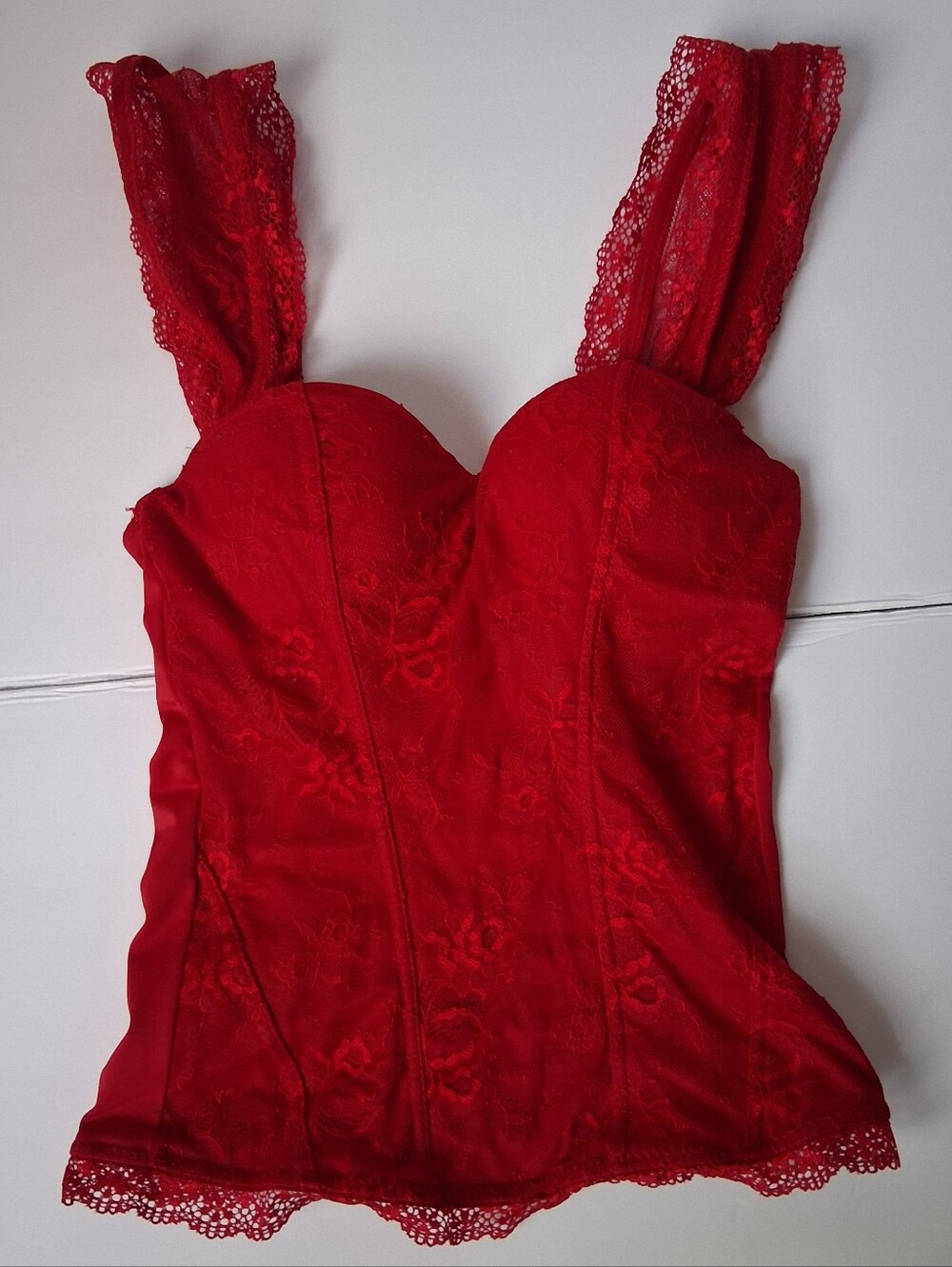 Spirit Red Floral Lace Bustier Top with Scalloped Lace Straps